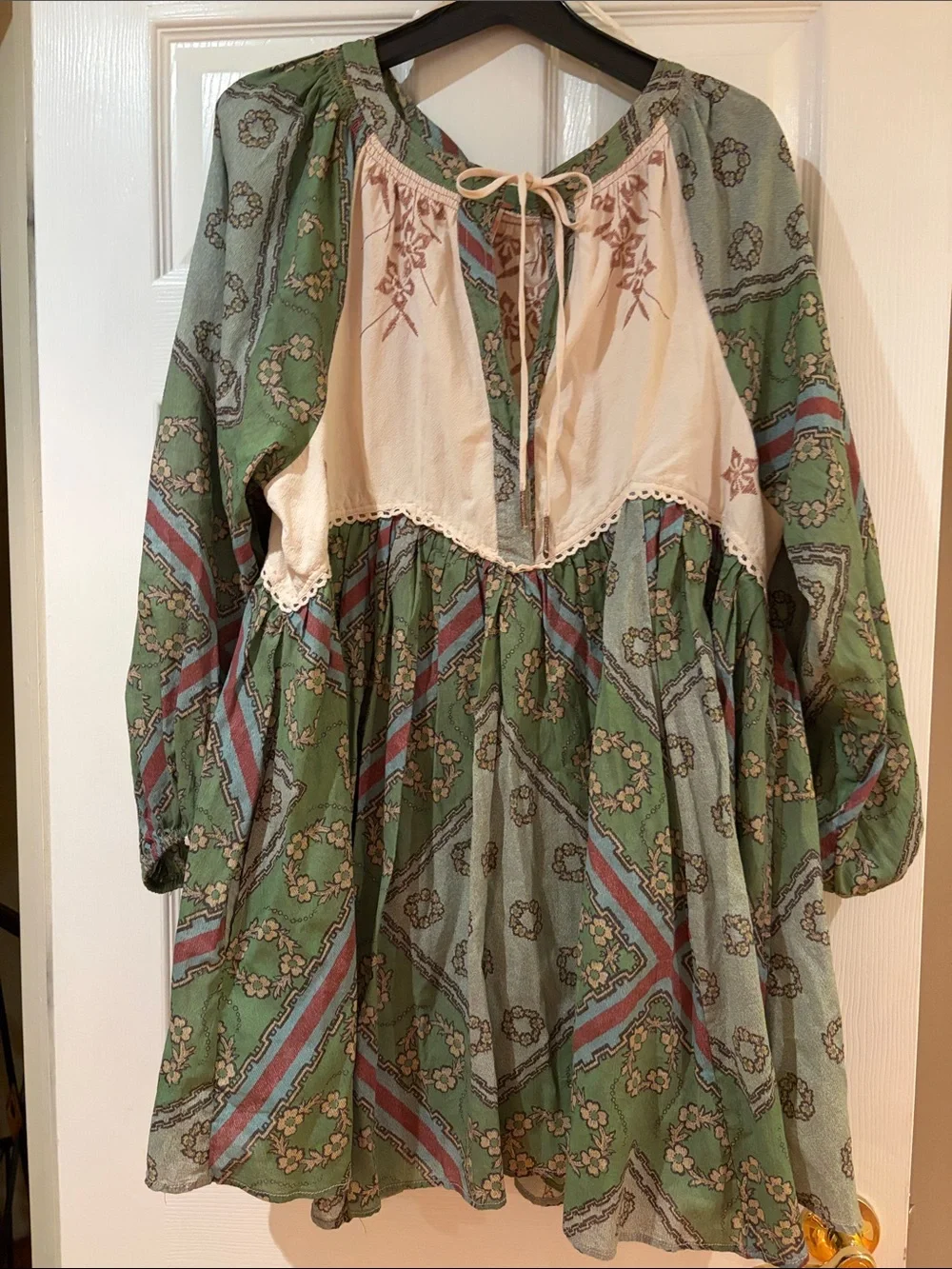 Free People Sage Green Floral Peasant Mini Dress with Cream Yoke